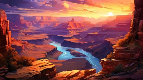 Premium AI Image | a painting of a river and mountains with a sunset in the background