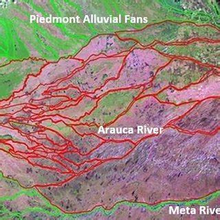 Sediment lobes in the watershed of the Arauca river, in red Landsat ...