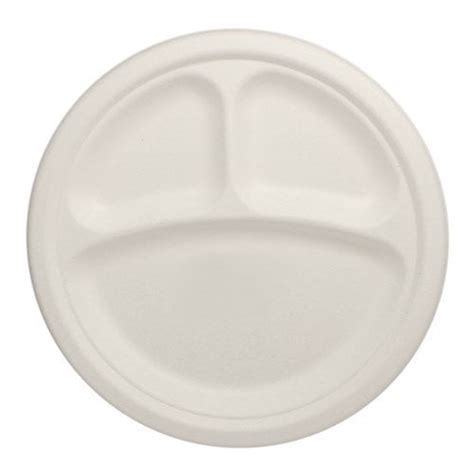 Durable Eco-Friendly 9" Bagasse Plates (3 Compartments) Pack of 100 Round White Plates w ...