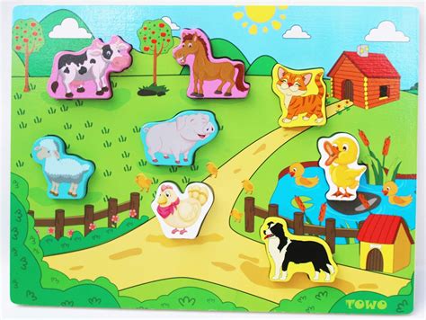 Wooden Animal Puzzles - Shinnington Farm Animals Peg Puzzles Inset Chunky Size - Wooden Jigsaw ...