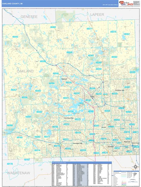 Oakland County, MI Zip Code Wall Map Basic Style by MarketMAPS - MapSales