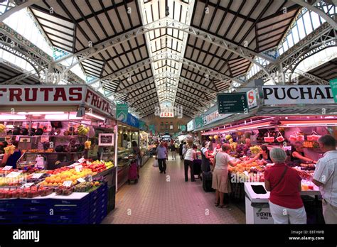 Indoor market stalls, sale of fruits and vegetables, Mercado Central, Central market, Valencia ...