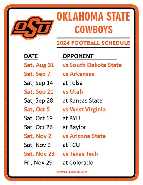 Printable 2024 Oklahoma State Cowboys Football Schedule