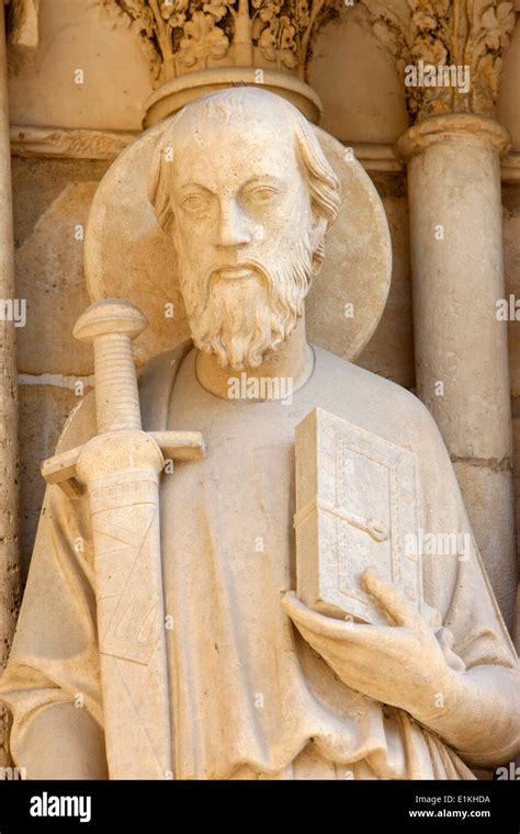 Statue of Saint Paul on Notre-Dame de Paris cathedral's westen wing Last judgment door Stock ...