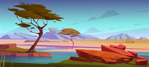 Savannah with river, acacia trees and mountains 14070989 Vector Art at Vecteezy