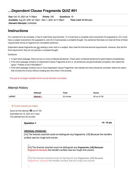 Dependent Clause Fragments QUIZ - .. Clause Fragments QUIZ Due Oct 15 ...