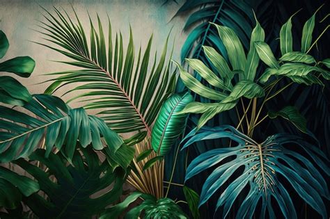 Premium Photo | A painting of tropical plants and leaves on a wall ...