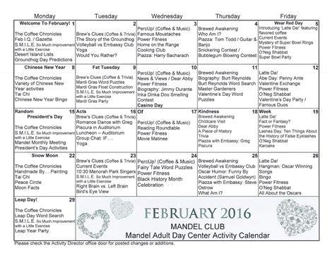 Menorah Park's Mandel Adult Day Center in Cleveland, Ohio: Calendar February 2016