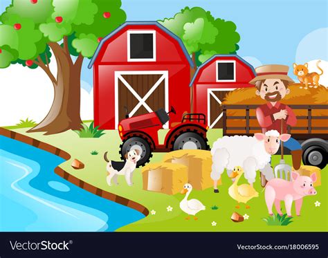 Farm scene with farmer and animals Royalty Free Vector Image