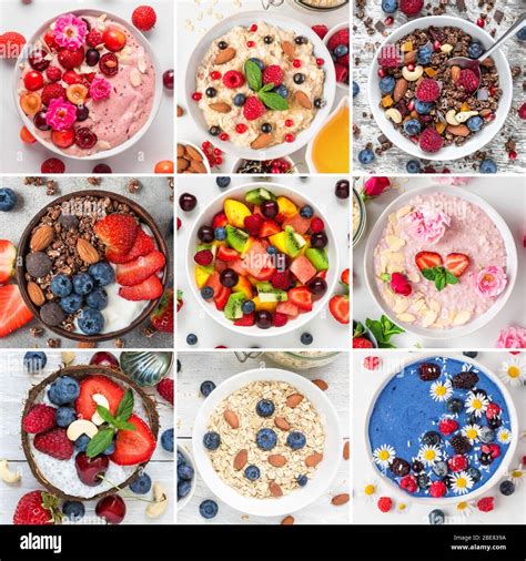 Collage of different breakfast food. Bowls with oatmeal, yogurt ...