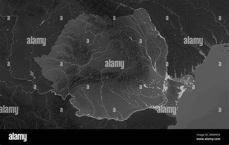 Romania highlighted on a Grayscale elevation map with lakes and rivers Stock Photo - Alamy