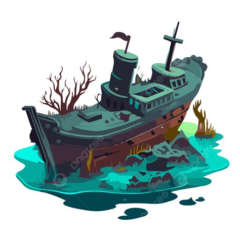 Sunken Ship Vector, Sticker Clipart Cartoon Ship In A Lake With A Lot Of Vegetation Sticking Out ...