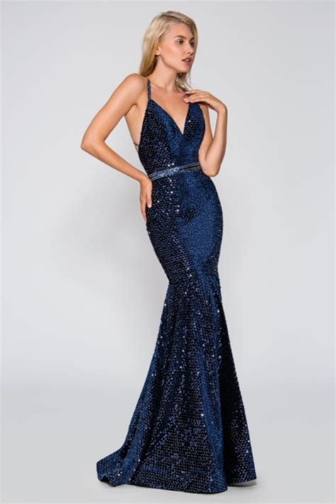 Sparkling Deep V Neck Mermaid Dress in Midnight Blue Stella Couture ...