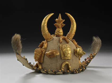 A ceremonial helmet from the Asante Empire (modern-day Ghana), made of antelope hair, gold and ...