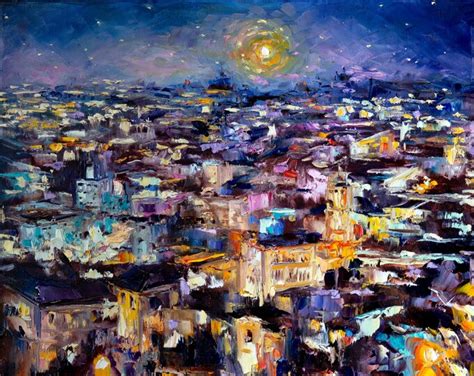 Night Painting Oil Night City Landscape Paintings on Canvas Original Art VAN GOGH Style Moon ...