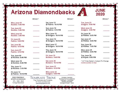 Printable 2020 Arizona Diamondbacks Schedule