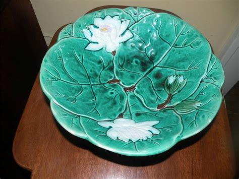 ANTIQUE MAJOLICA POTTERY LILY PAD FOOTED BOWL with flowers 11"