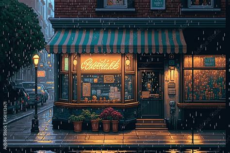 Pixel art coffee shop front scene on rainy day, background in retro ...