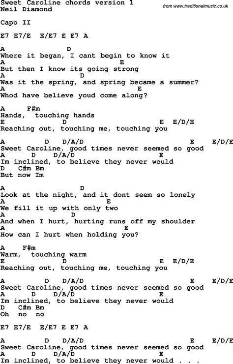 Song lyrics with guitar chords for Sweet Caroline