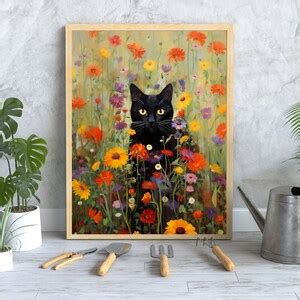 Klimt Flowers Cat Wall Art, Gustav Klimt Garden Cat Print, Black Cat ...