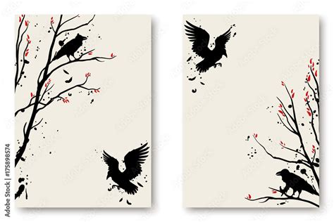 Vector illustration with silhouettes of birds, ravens, trees ...