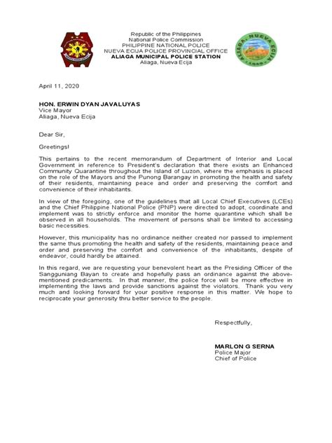 APS Letter Request For Sangguniang Bayan To Approve Ordinances | PDF