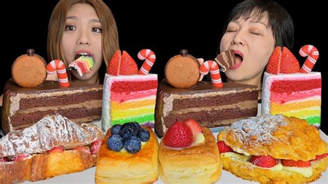 KIM&LIZ ASMR FACE REVEAL! EATING CHOCOLATE CAKE, RAINBOW CAKE, CREAM PASTRIES 먹방 - YouTube