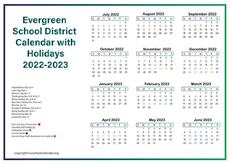 Evergreen School District Calendar with Holidays 2022-2023