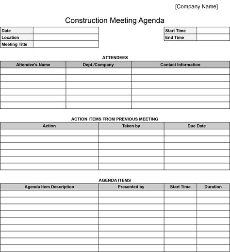 Construction Meeting Agenda Template Word