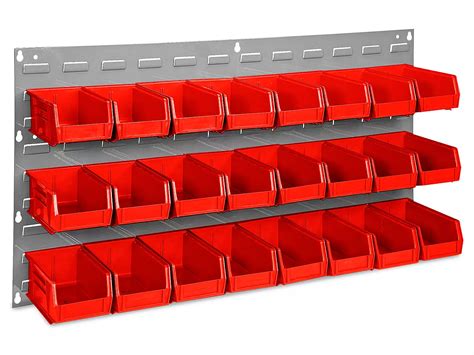 Wall Mount Panel Rack - 36 x 19" with 7 1/2 x 4 x 3" Red Bins H-1493R - Uline