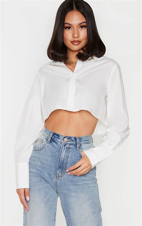 White Cotton Oversized Crop Shirt | Tops | PrettyLittleThing