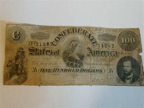 1864 $100 DOLLAR BILL CONFEDERATE STATES CURRENCY CIVIL WAR NOTE PAPER ...