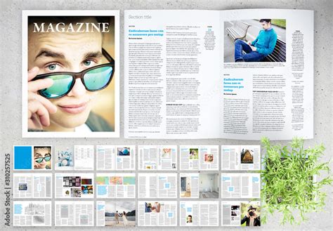 News Magazine Layout with Blue Accents Stock Template | Adobe Stock