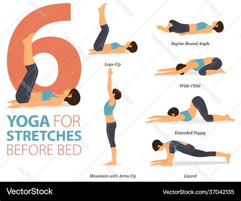 6 yoga poses for stretches before bed concept Vector Image