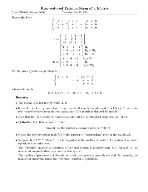 Row-reduced Echelon Form of a Matrix Example x y