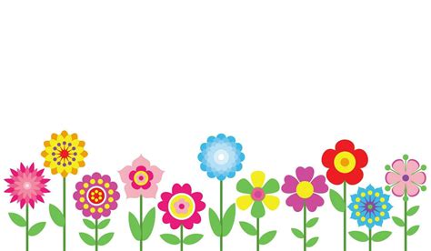 Spring flowers border isolated on white background. Simple colorful floral icons in bright ...