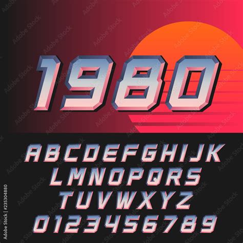 Slanted retro futuristic font in style of 80s, letters and numbers ...