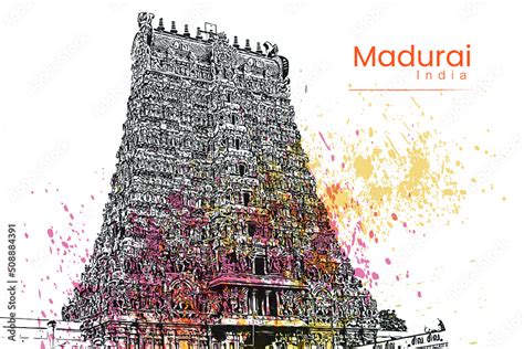 Madurai Meenakshi amman kovil temple vector illustration hand drawing south India Madurai Stock ...