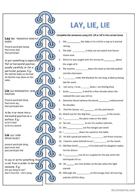 Lay, Lie, Lie : English ESL worksheets pdf & doc