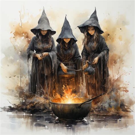 Premium AI Image | three witches cooking a pot of food in a fire pit generative ai