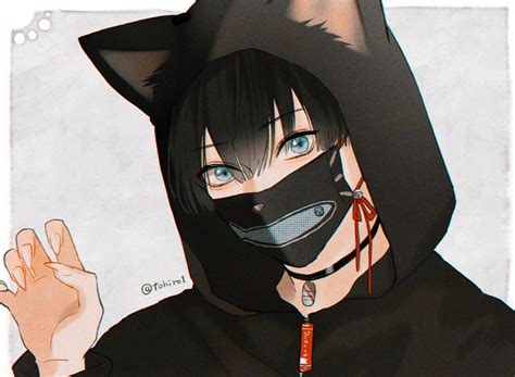 all male animal ears black hair blue eyes catboy choker close hoodie male mask original shijima ...