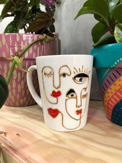Hand Painted Minimalist Abstract Faces Line Art Glass Coffee Tea Mug, Hand Painted Abstract Art ...