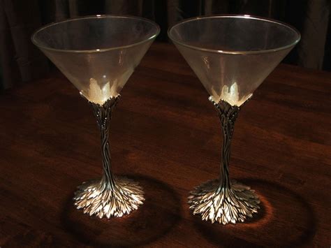 Vintage Grey Goose Martini Glass Set w/ Art Nouveau Pewter