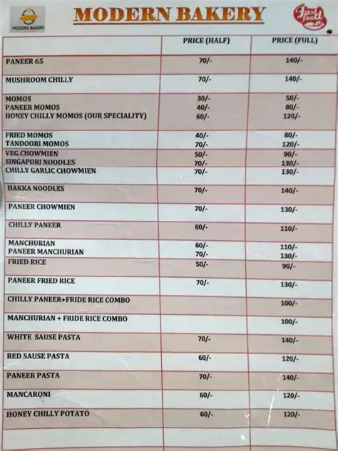 Menu at Modern Bakery, Lucknow, Opposite Manjotandon Child Hospital