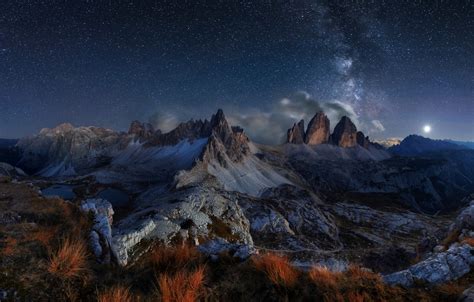 Wallpaper the sky, stars, clouds, night, the milky way, The Dolomites images for desktop ...