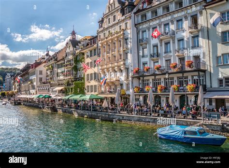 Lucerne Old Town riverside restaurants and pubs, Switzerland Stock Photo - Alamy