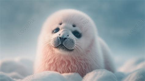 White Baby Seal In Snow Sitting In Front Of Blue Sky, Blue Backgrounds ...