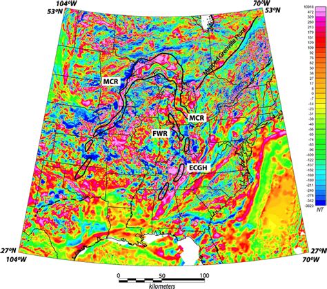 Magnetic anomaly map of the region. Outlines of the Midcontinent Rift ...