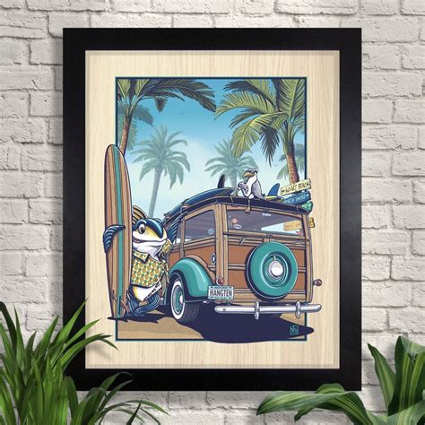 Surfing Woody Wagon Art Print, Tropical Beach Illustration, Giclee, Surfboard Art, Tiki Room Art ...