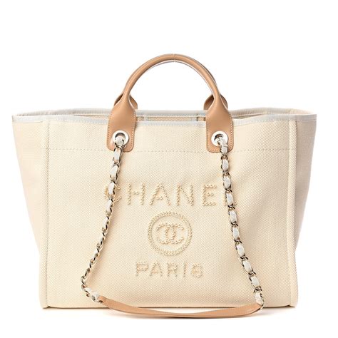 CHANEL Canvas Pearl Large Deauville Tote Ecru Beige 529178